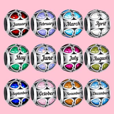 Charm-Perle mit rundem Herzausschnitt und Geburtsstein aus S925er Silber, passend für originellen DIY-Schmuck als Geburtstagsgeschenk für Frauen