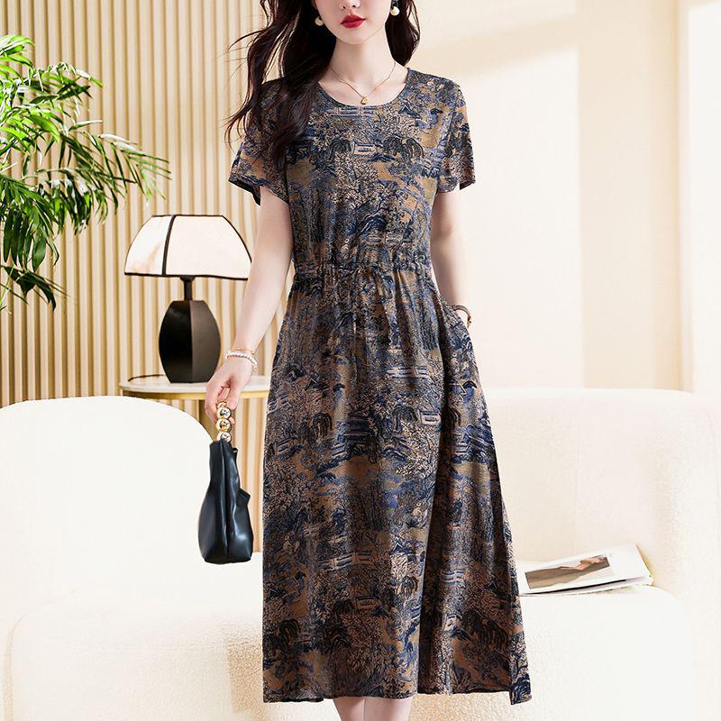 Elegant Plus Size Cotton Silk Knee-Length Dress with Waist Cinch for Middle-Aged Women
