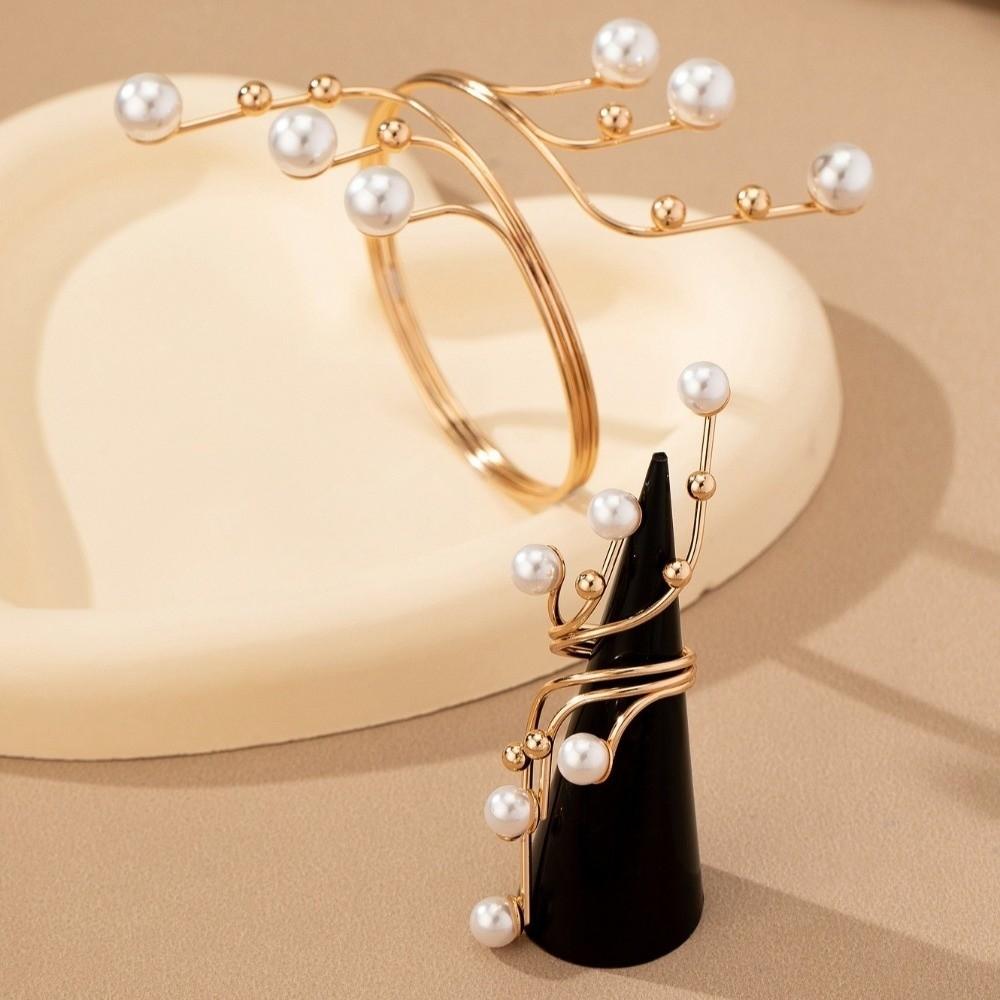 Imitation Pearl Open Arm Bangle Adjustable Armband Fashion Bracelet Ring Set Girls