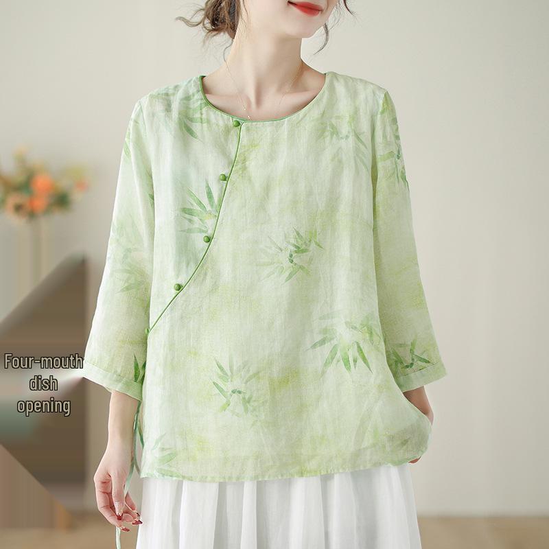 Chinese Retro Floral Oblique Collar Seven-Sleeve Shirt - Women s Spring/Summer Artistic Loose Top Extra Large светло-зеленый