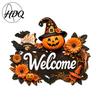 Rustic Porch Hanging Sign Halloween Pumpkin Ghost Wooden Welcome Door Hanger Sign Cute Wall Ornament with Bell 3D Floral Art Rope Decor for