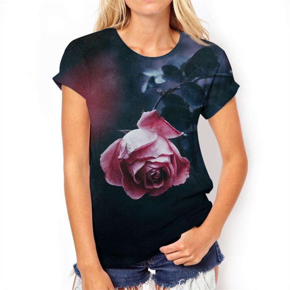 3D Rose Blume Print T Shirt Sommer Kurzarm Top Fashion Floral Grafik Harajuku T-shirts Für Frauen Kleidung T-Shirts Mädchen