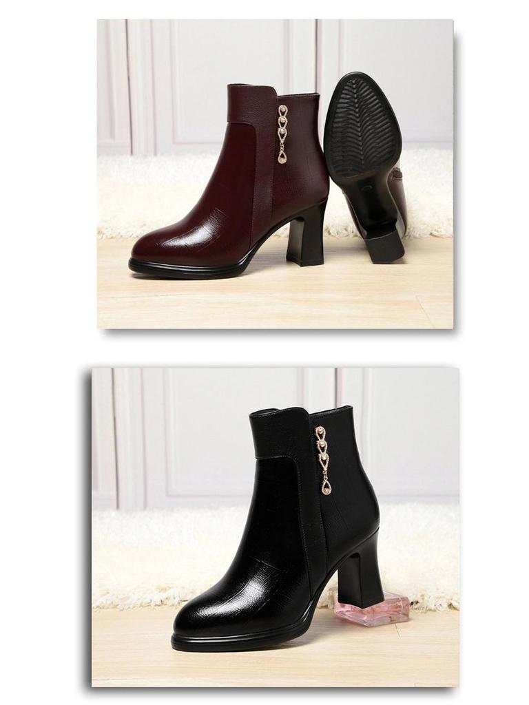 Autumn/Winter 2023 Chunky Heel Ankle Boots - Warm Fleece-Lined Leather Shoes for Middle-Aged Women