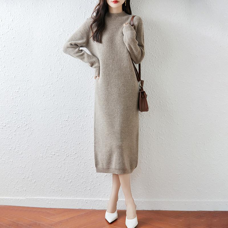 Women Sweater Dress 100% Wool TIDENOVEL O-neck Knit Long Pullover Winter Jumpers Wool Long Dress Female