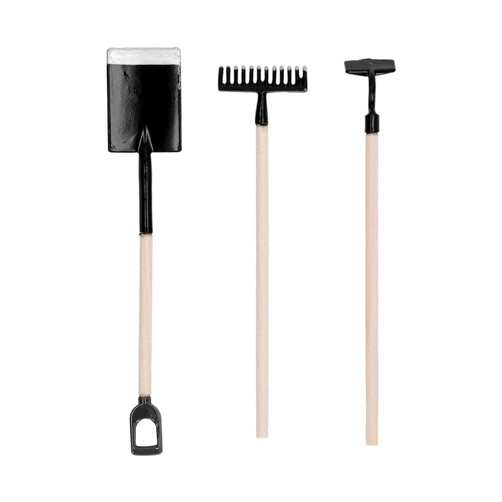 1:12 Scale Miniature Garden Hand Tools Alloy Wooden Dollhouse Rake Zen Shovel Model for Decoration
