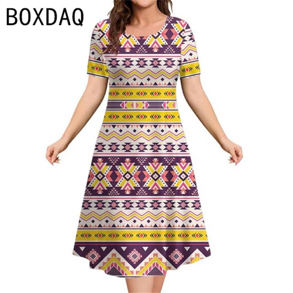 3D Vintage Ethnic Style Elegant A-Line Dress Oversized 3XL Women Short Sleeve O-Neck Casual Dress Letter Printed Casual Dresses
