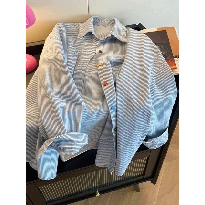 

Blue Stripe Long sleeve Shirts Women Spring Top 2025 New Loose Design Sense Retro Contrast Color Outerwear Shirt