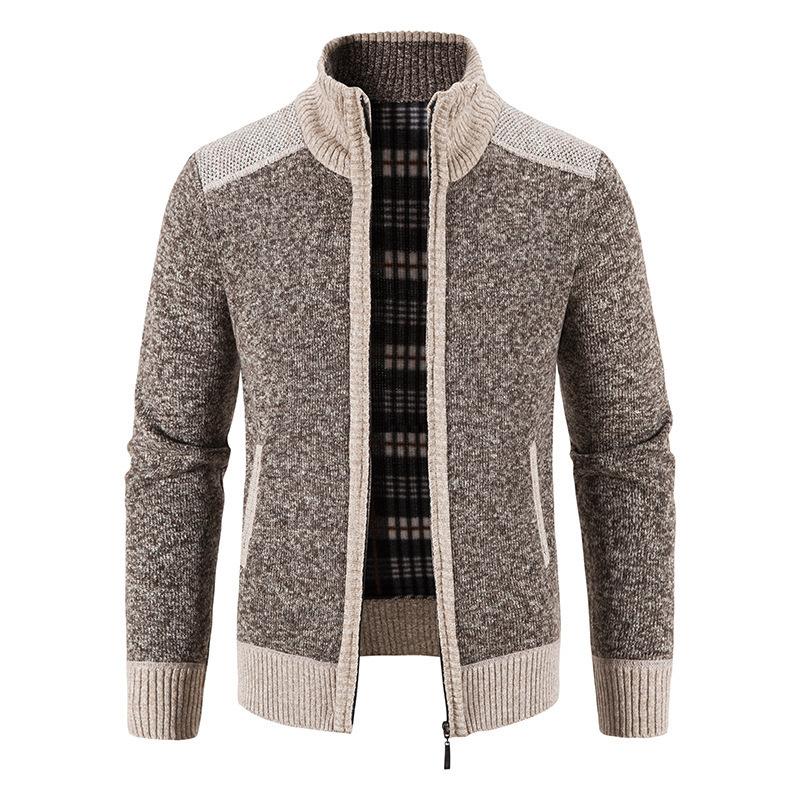 Winter Men's Plus Velvet Thick Sweater Fashionable Color Zipper Cardigan Stand Collar Knit Jacket