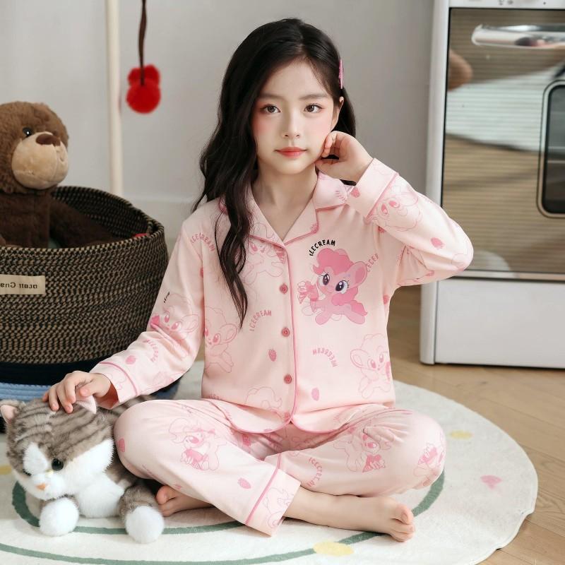 100% Cotton Girls Pajama Set Long Sleeve Cartoon Print Sleepwear Open Front Robe Style Fall