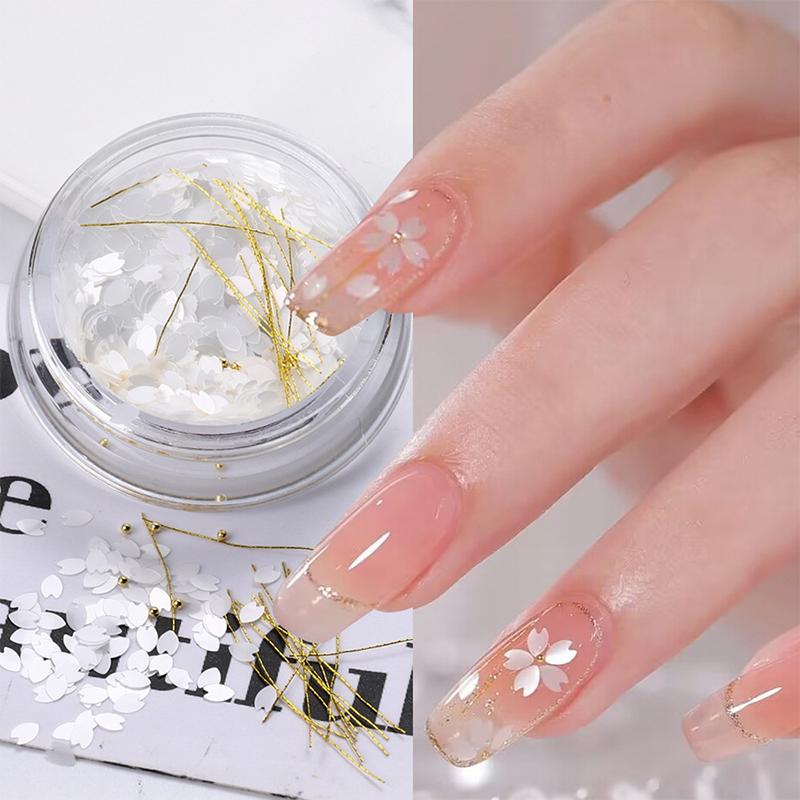 1Box Sakura Flower Petal Nail Charm 3D Cherry Blossoms Slices Gold Steel Beads Nail Art Decoration Spring Manicure Sequin