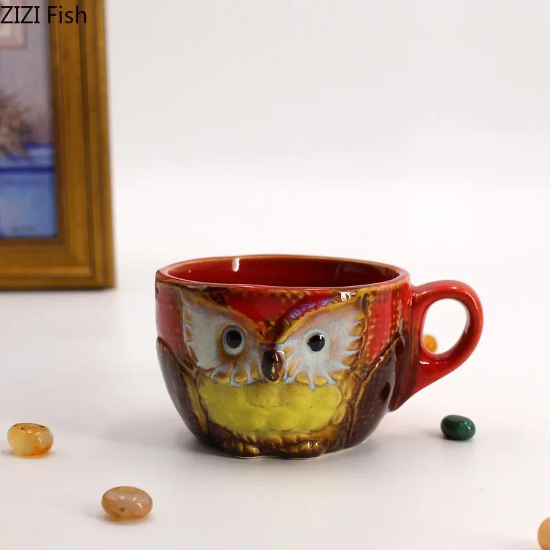 Painted Owl Mug Ceramic Cups Afternoon Tea Teacup Milk Fruit Juice Container Cartoon Owl Relief Coffee Cup Mugs with Lid