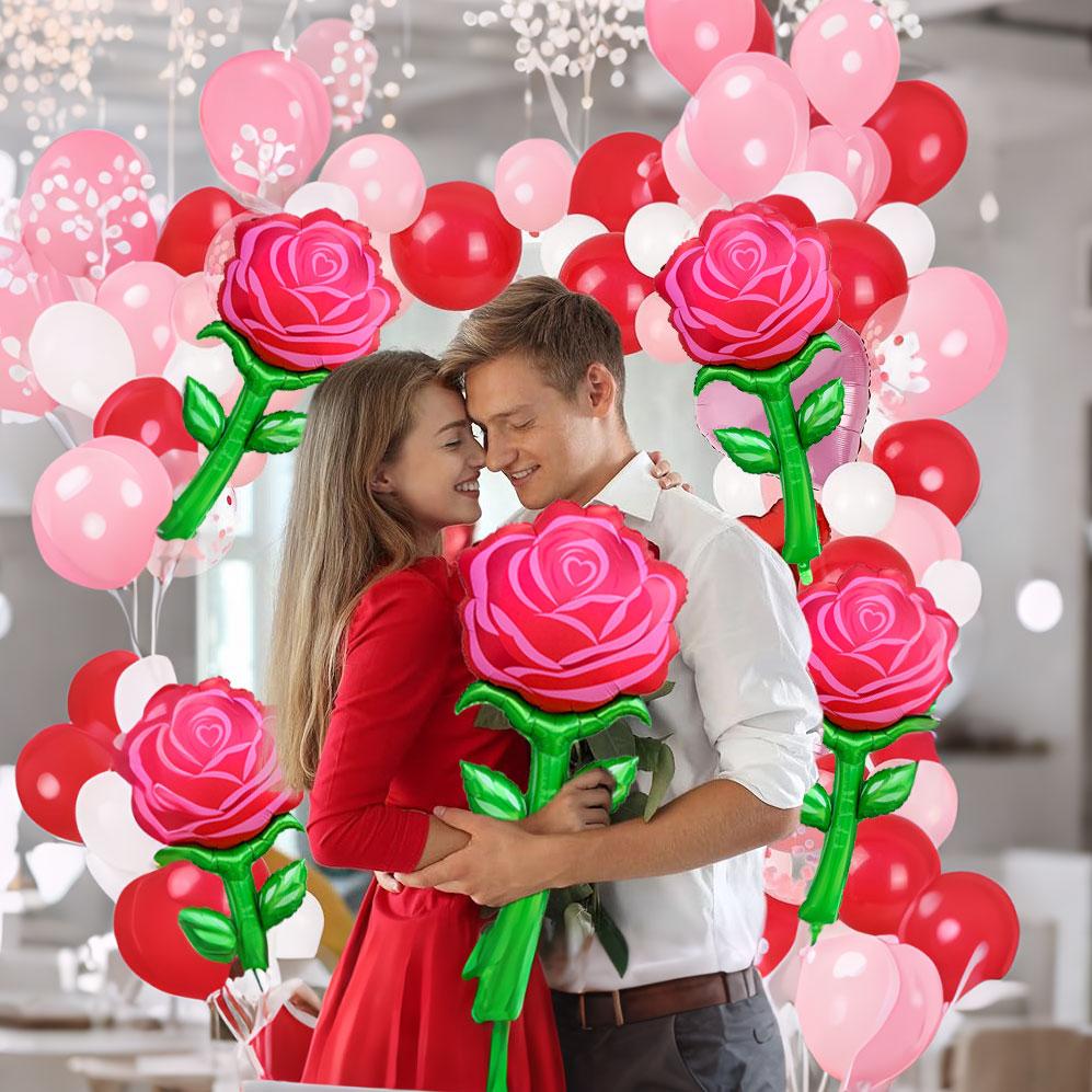 1 Artificial Rose Flower, 1 Large Rose Aluminum Foil Balloon, Suitable for Valentine's Day, Birthday Parties, Confession and Proposal, Wedd