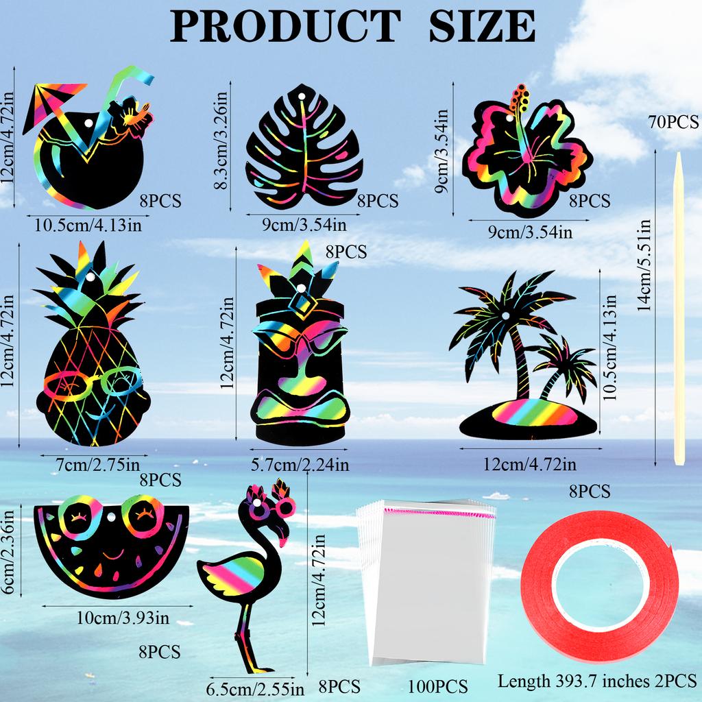 64 Pcs Hawaiian Theme Scratch Cards Art Magic Rainbow Scratch Cards Flamingo