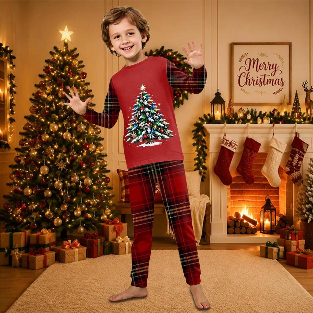 Christmas-print long-sleeve and long-pant matching family loungewear set