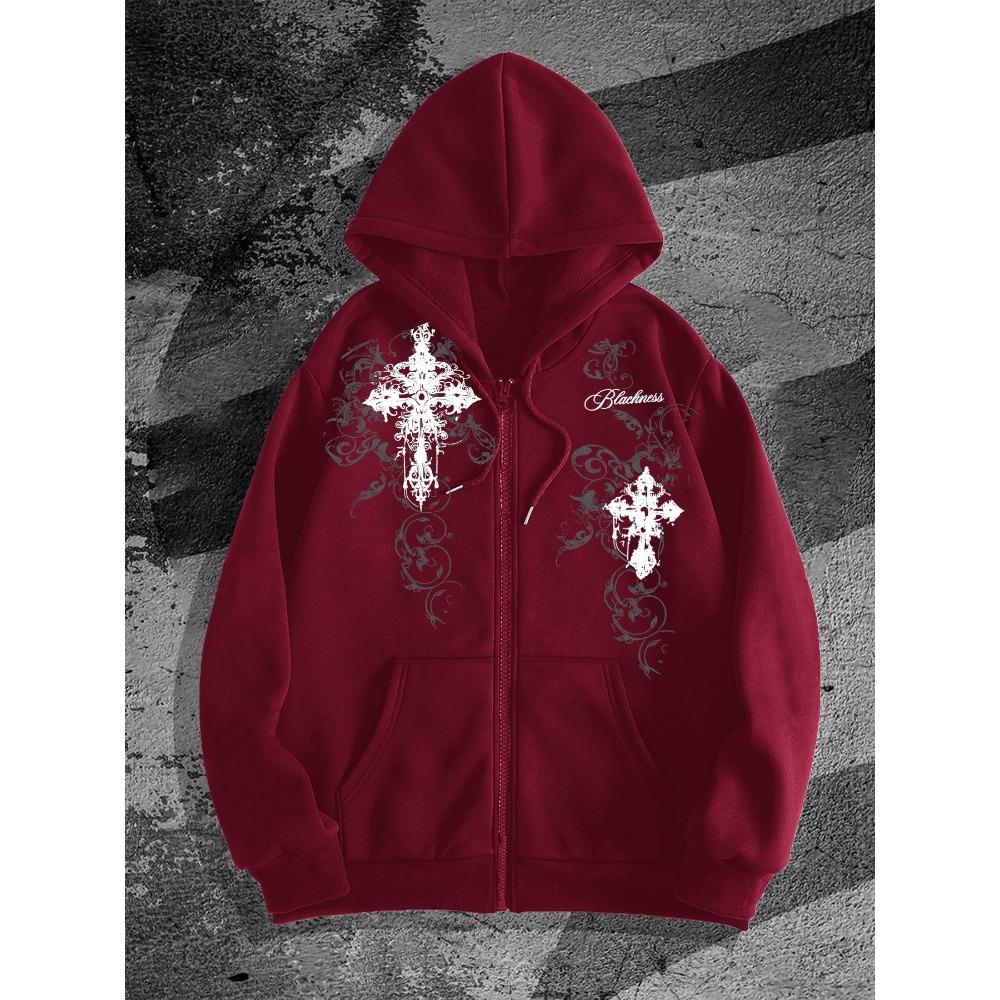 Street Trendy, Cool, Carved, Cross, Vine Totem, Printed Zipper, Hooded Cardigan, Hoodie, Millennium Wasteland Style