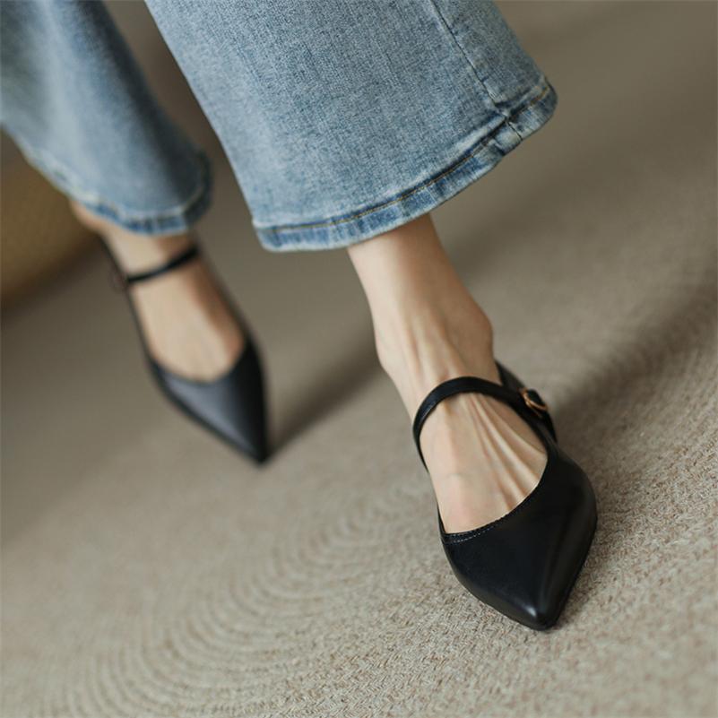 FOREADA Women Mary Janes Shoes PU Leather Flat Shoes Pointed Toe Buckle Strap Causal Ladies Footwear Spring Wine Red Big Size 43