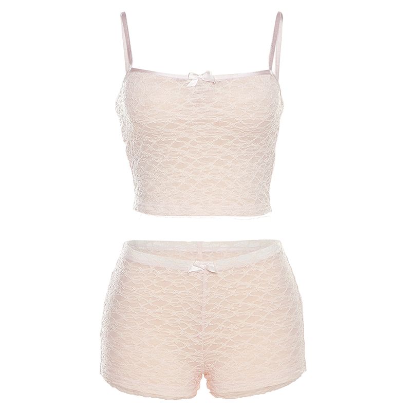 

# Sisjuly# French Sexy Bows Shoelace Slimming Small Sling Knitted Crochet Cut Out Shorts Suit Women Pink S