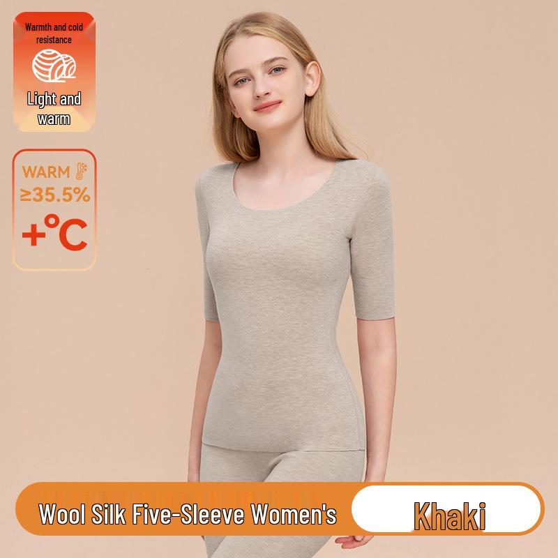 Women's Wool Silk Mid-Sleeve Fleece-Lined Top - Warm Autumn Base Layer