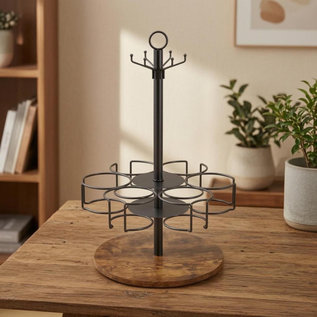 Cup Holder Rack with Wooden Base Modern Rotating Stand Turnable for Pantry