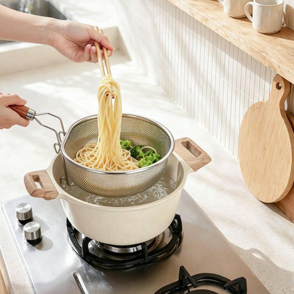 Noodle Strainer Perforated Food Drainer with Hook Rust-Resistant for Pot