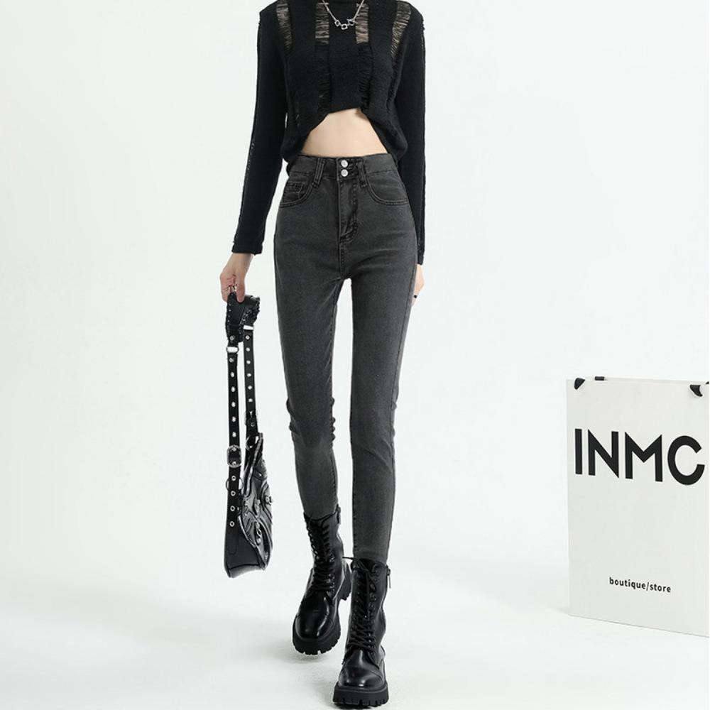 Korejská verze vysokých a malých džínů pro dámské jaro a podzim s vysokým pasem a tenkých, slim-fit elastických tužkových džínů s dvojitou přezkou