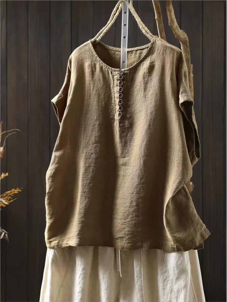 Johnature Women Vintage Button T-Shirts Solid Color O-Neck Sleeveless Summer Loose Button Female T-Shirts