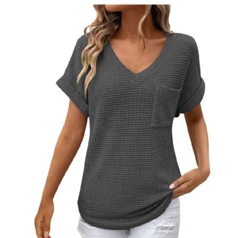 2026 Women's V-neck Summer Waffle Pocket Short Sleeve T-shirt