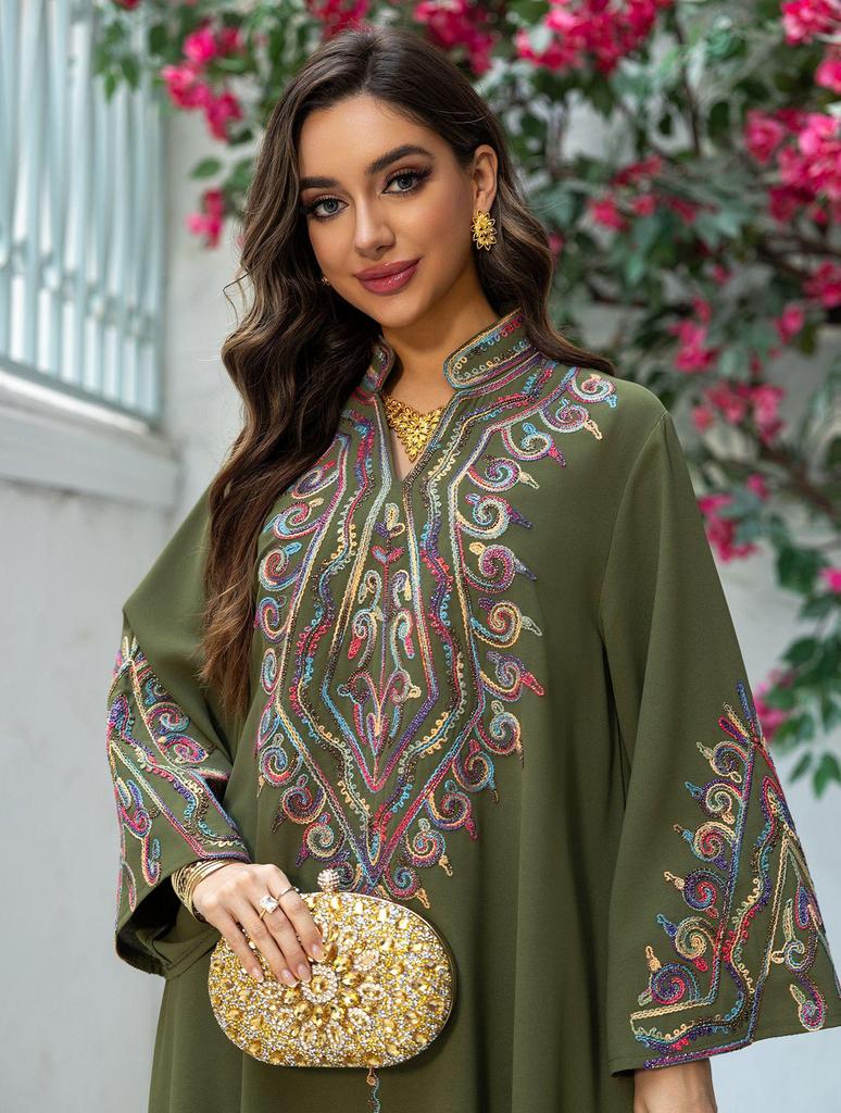 AB421 Elegant Embroidered Middle Eastern Pullover Robe - Arabic Jalabiya Dress