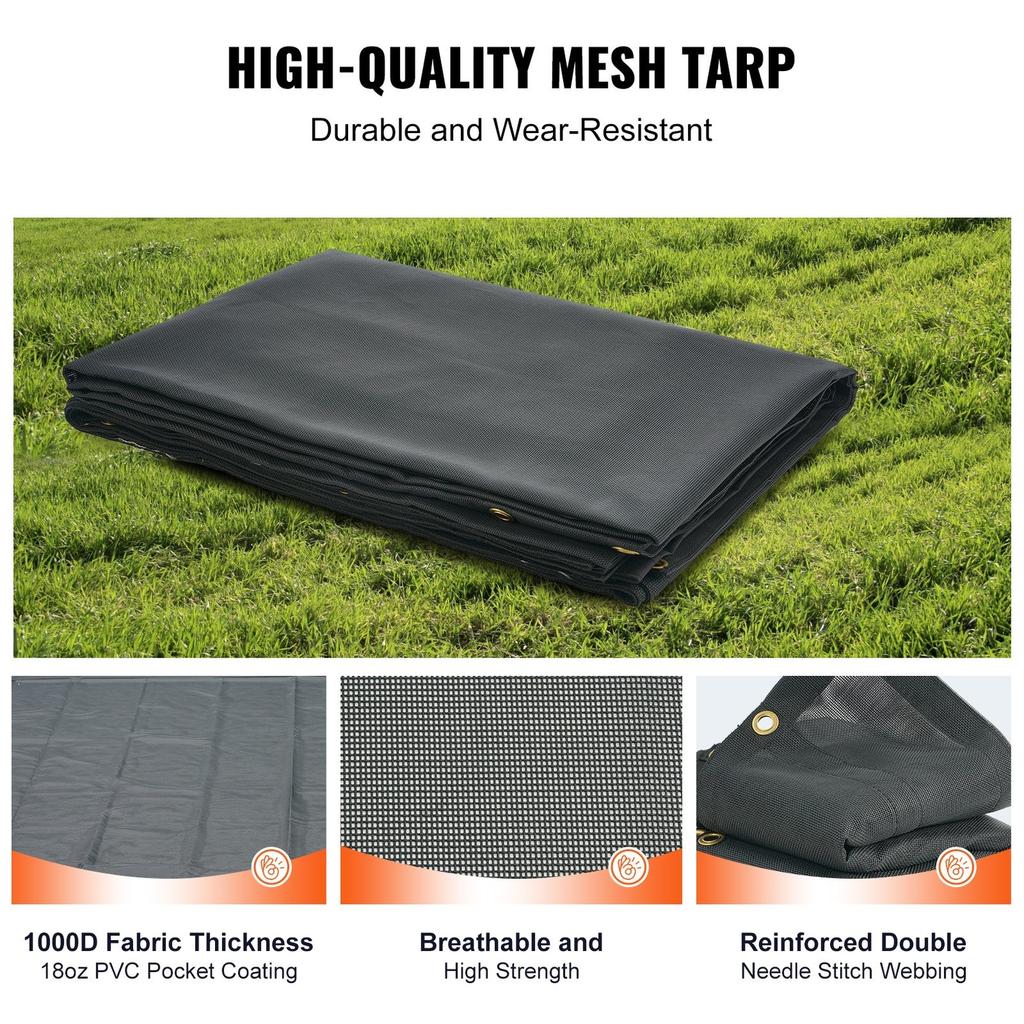 Dump Truck Mesh Tarp, 7 x 22 ft, PVC Coated Black Heavy Duty Cover with 5.5" 18oz Double Pocket, Brass Grommets, Reinforced Double Needle Stitch