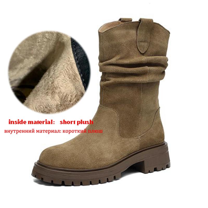 

Krazing Pot Cow Suede Nubuck Winter Round Toe Western Boots Med Heels Pleated Decoration Women British School Mid-calf Boots 42