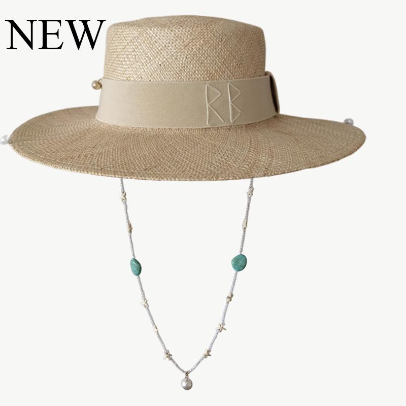 Nouveaux Chapeaux de Paille pour Femmes Mode Lettre Rb Élégant Vacances Chapeau Canotier Été Plat Dessus Plage Chapeau de Paille Sisal 56-58CM beige