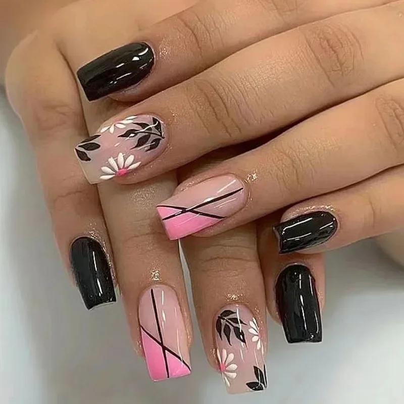 24Pcs Simple Square False Nails Short French Fake Nails Press On Colorful Flowers Design Full Cover Nail Tips Manicure Tools