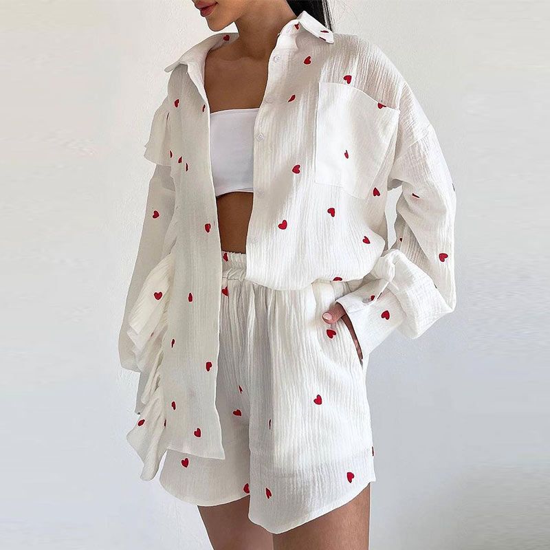 

Polo Collar Shirt Top Elastic Waist Shorts Set Ruffles Shirt Shorts A white short suit L(L)