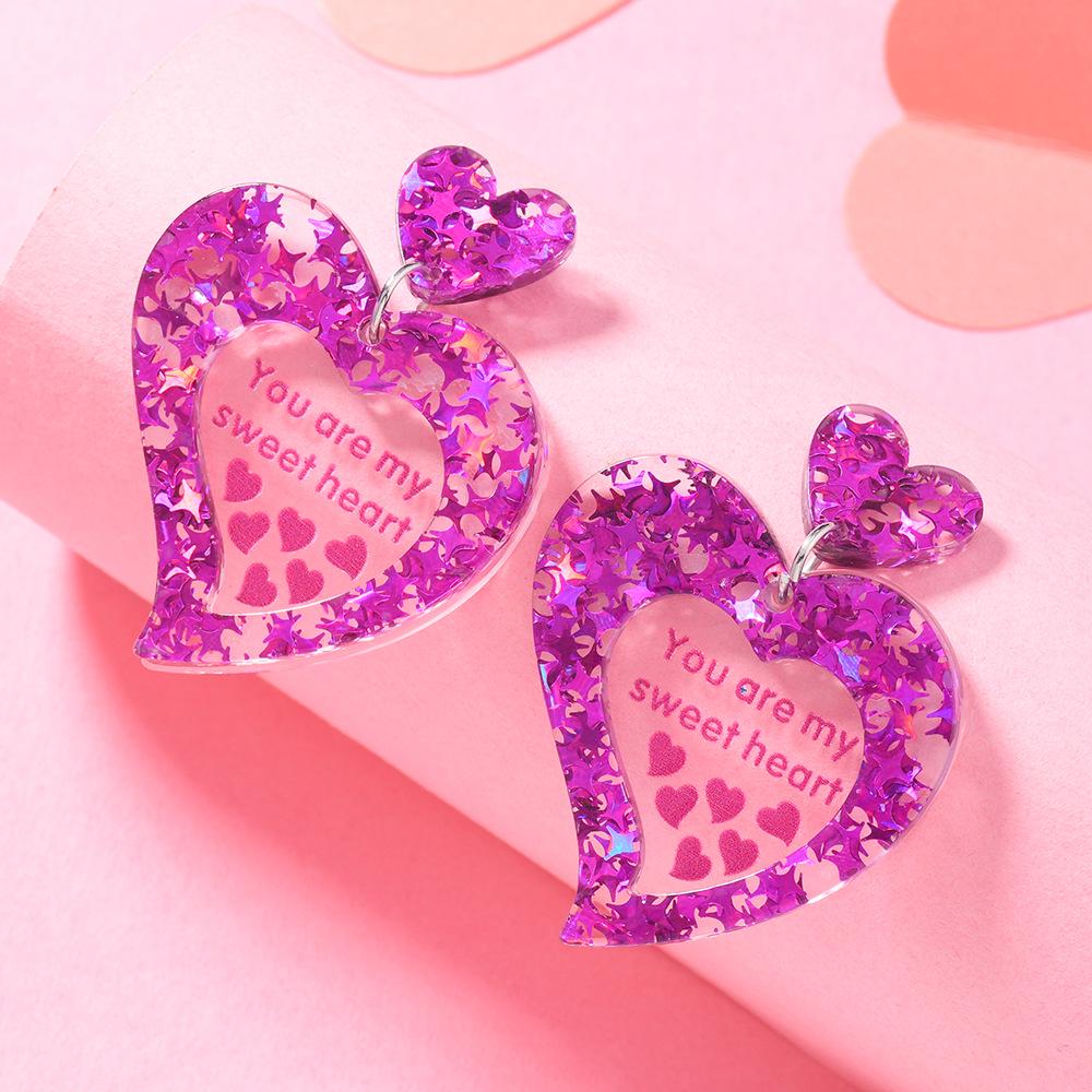 Korean Peach Heart LOVE Glitter Acrylic Dangle Earrings - Romantic Valentine's Day Girly Jewelry for Women