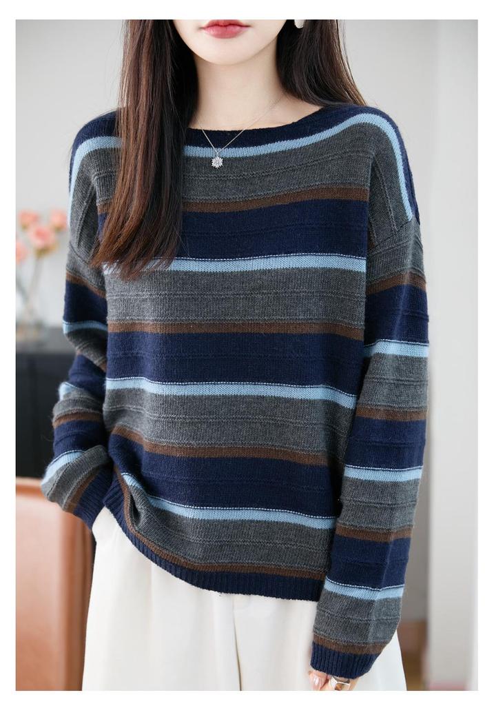 Women's Retro Striped Wool Base Layer Sweater - Loose Fit, Round Neck Knit with Long Sleeves