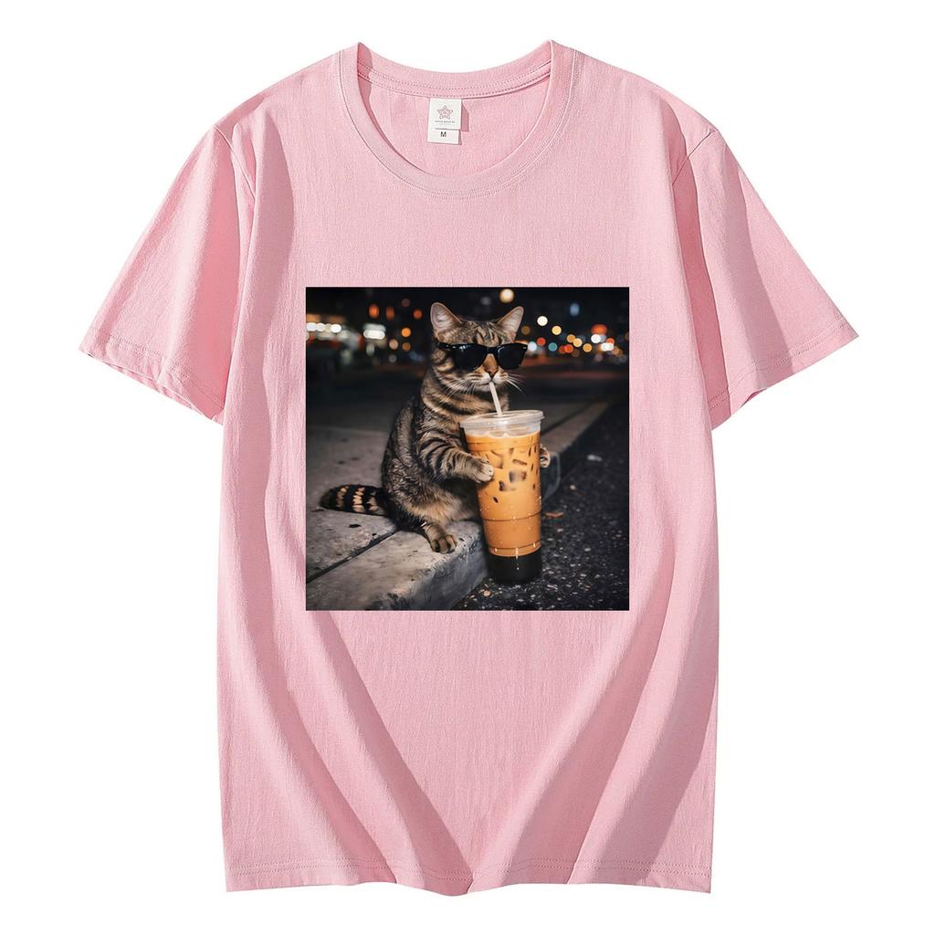 Funny Cat Drinking Coffee Meme Graphic T Shirts High Quality Fashion Short Sleeve Tshirts Men Women Casual Loose Cotton Tshirt