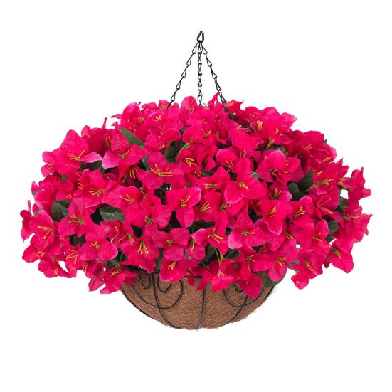 1/2Pcs Hanging Artificial Bougainvillea Speetabilis with Coconut Palm Flower Basket UV Resistant Fake Flower Indoor Outdoor Faux Bloom Decoration