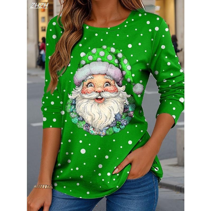 2025 Christmas Women's T Shirt Graphic Santa Claus Fashion Casual Long Sleeve T-shirt Crew Neck Regular Tops Print Spring Fall