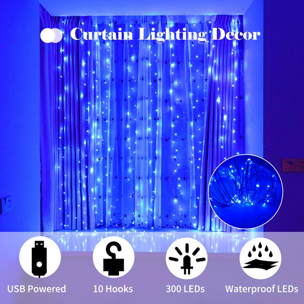 USB Powered Curtain String Lights Curtain Lighting Decoration for Dating Proposing Gathering 8 Lighting Modes 118* 118in Warm White