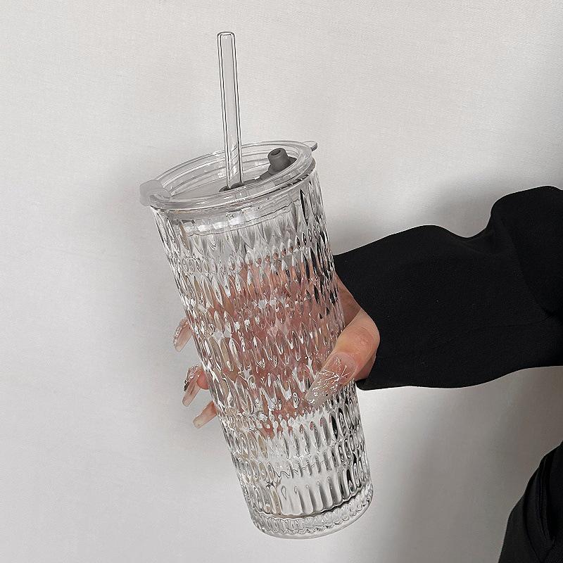 Large Capacity Transparent Glass Straw Cup with Lid for Office Drinks: Milk Tea, Coffee, Americano, Latte, Juice
