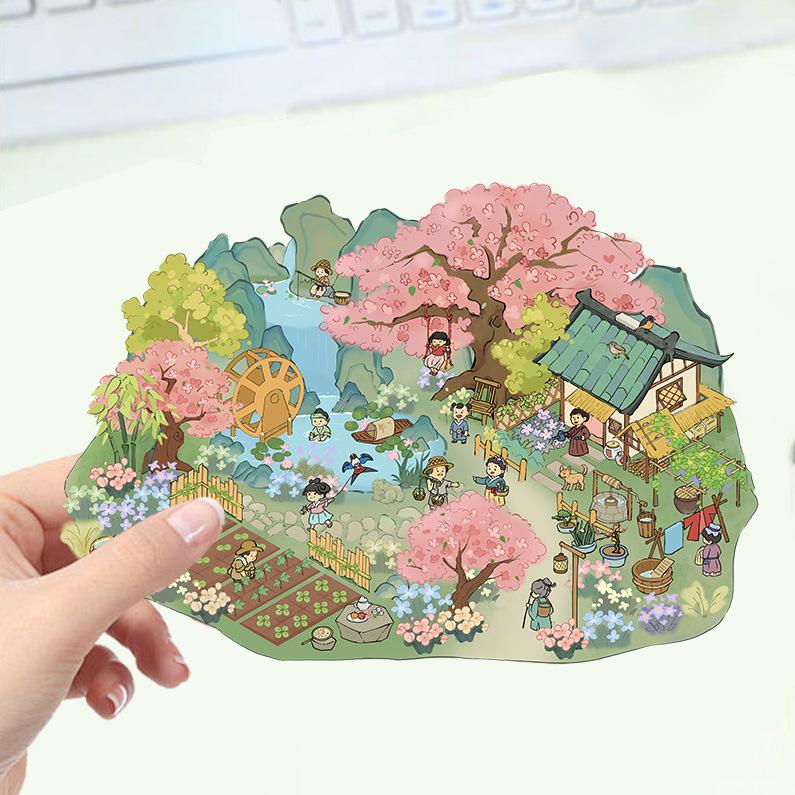 Kreslené krajinné samolepky Vícenásobný miniaturní svět 3D chata Rozbalit DIY scéna Ruční příspěvek