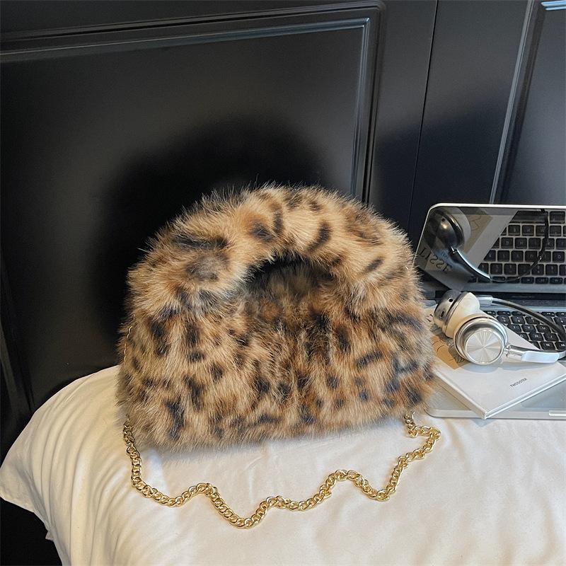 Geantă de mână plușată cu imprimeu leopard pentru femei, geantă de umăr/crossbody la modă, casual, de toamnă