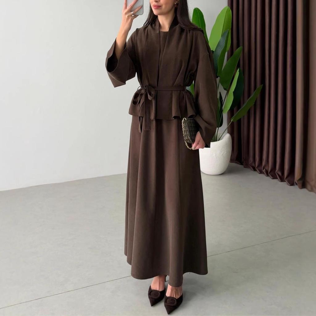 26 Europe, America, Amazon Cross-border Women's Clothing New Old Money Wind Lace-up Waist Cardigan and Dress Two-piece Set