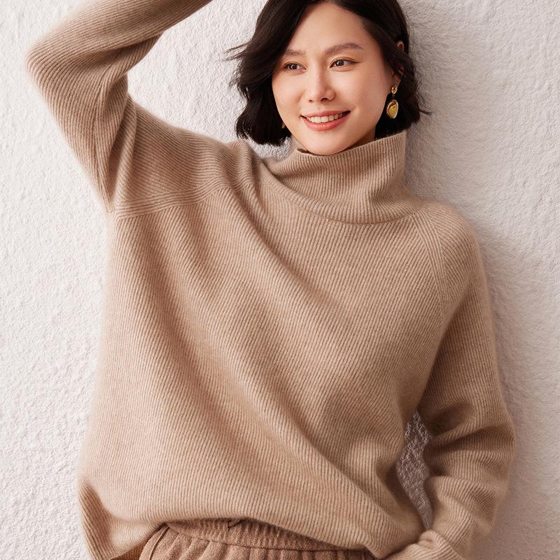 Women's High Neck Cashmere Sweater - 2026 Autumn/Winter Ribbed Knit, Simple Loose Fit, Slimming & Warm