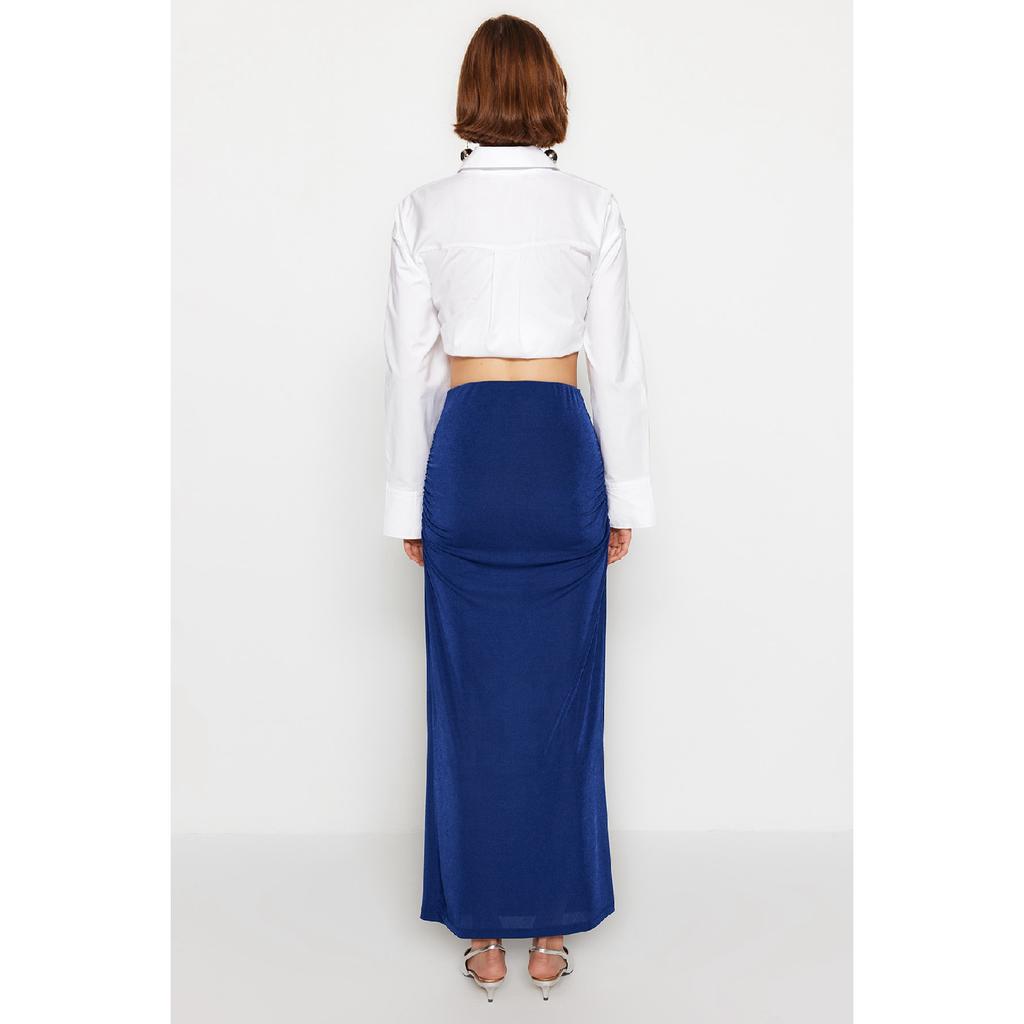 Navy Blue Premium Shiny Surface And Soft Textured Draped Maxi Knitted Skirt Twoaw24et00090