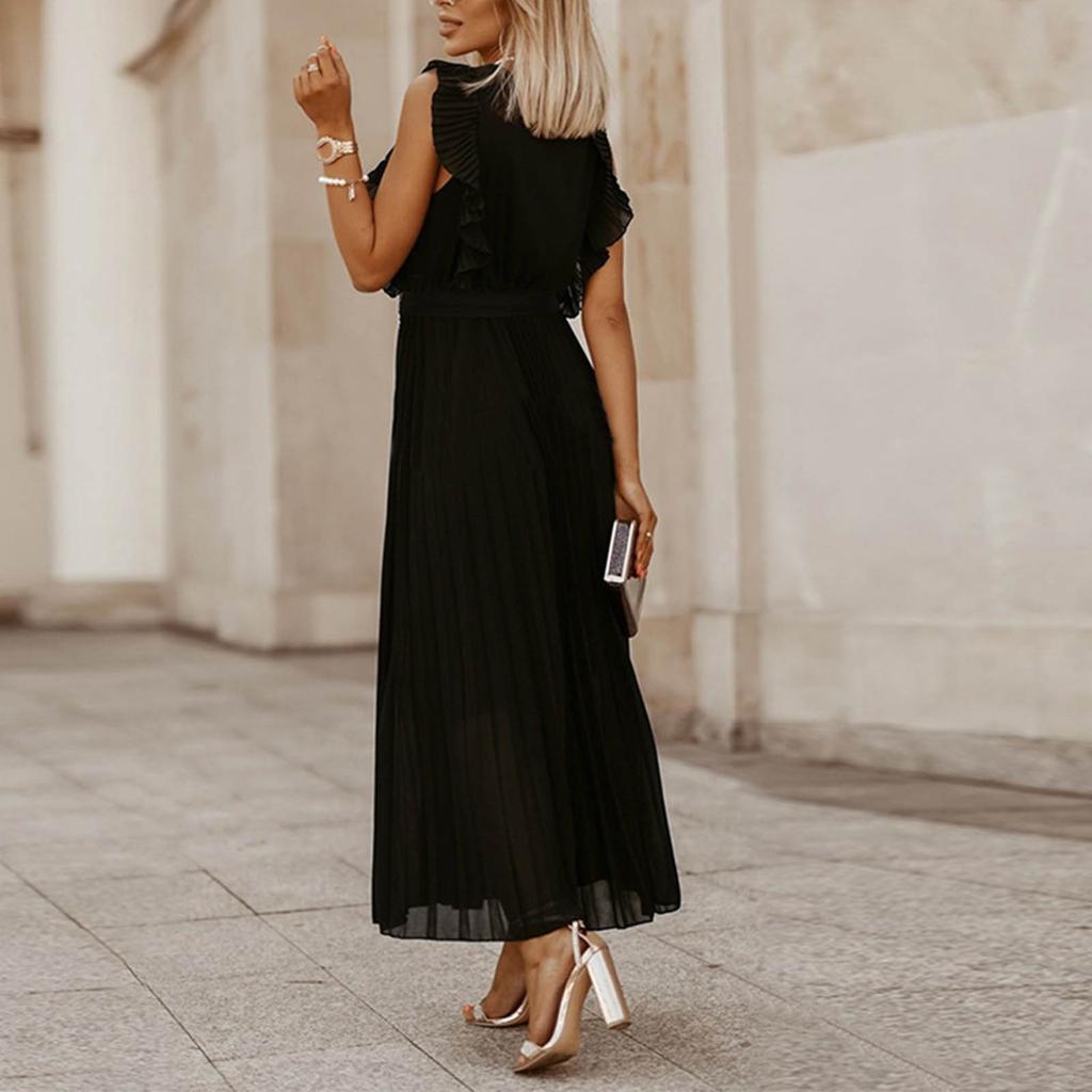 Women's Fashion Slim Sexy Ruffle Sleeve Chiffon Pleated Skirt Solid Color Dress