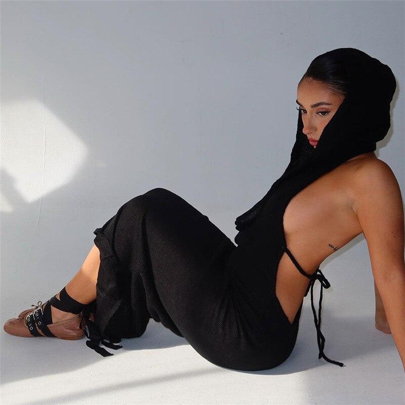 Deep V Neck Sexy Long Hooded Dress Women Fashion Halter Neck Backless Balck Bodycon Y2k Dress Wrap Hip Robe Party Club 26247