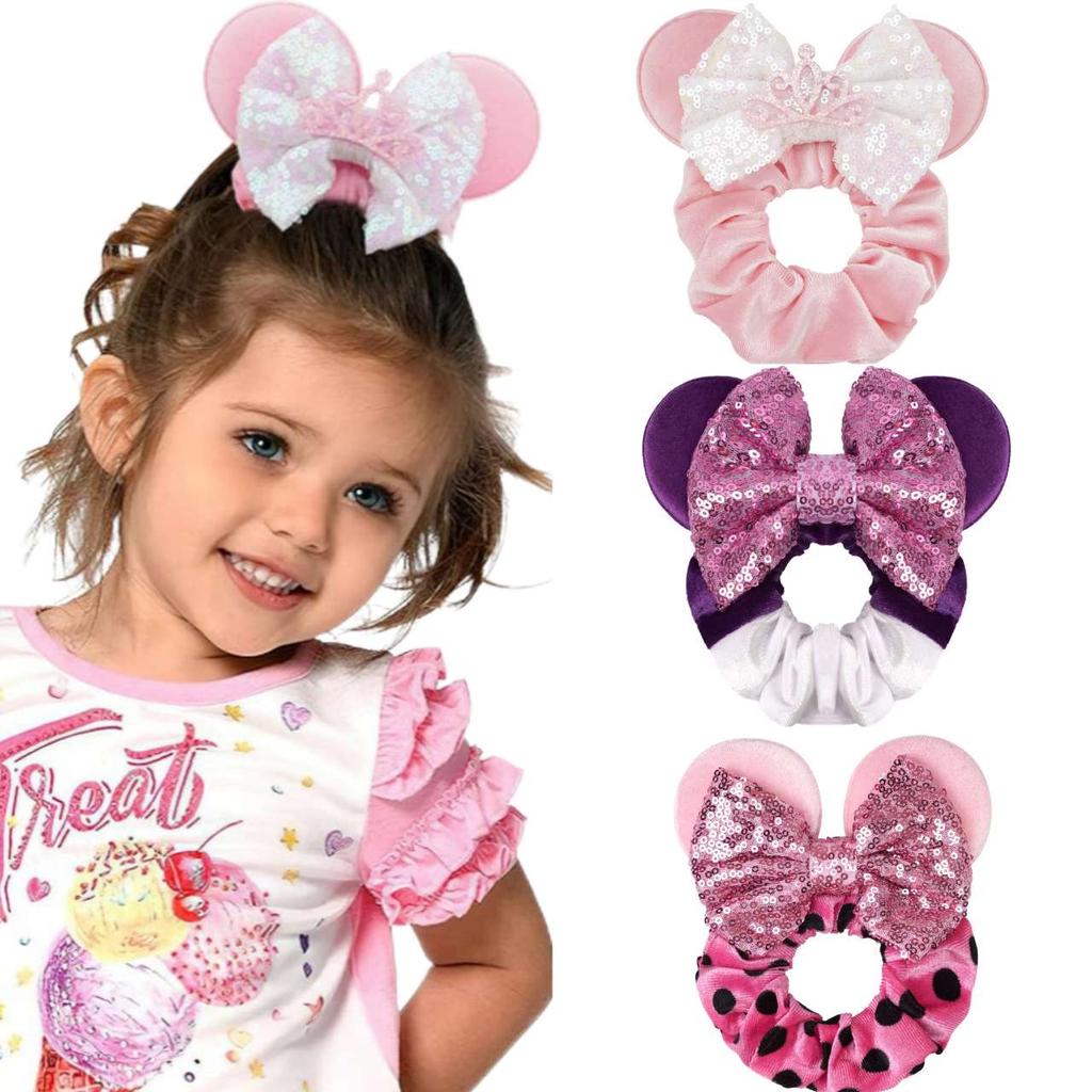 3 Pcs Cute Mouse Ears Hair Scrunchies 12 Styles Velvet Bows for Women Girls Birthday Date Amusement Park Party Hair Bands