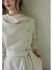 Two Sheep Twilight Linen Long Sleeve Dress: Women's Draped Waist Apricot Cotton