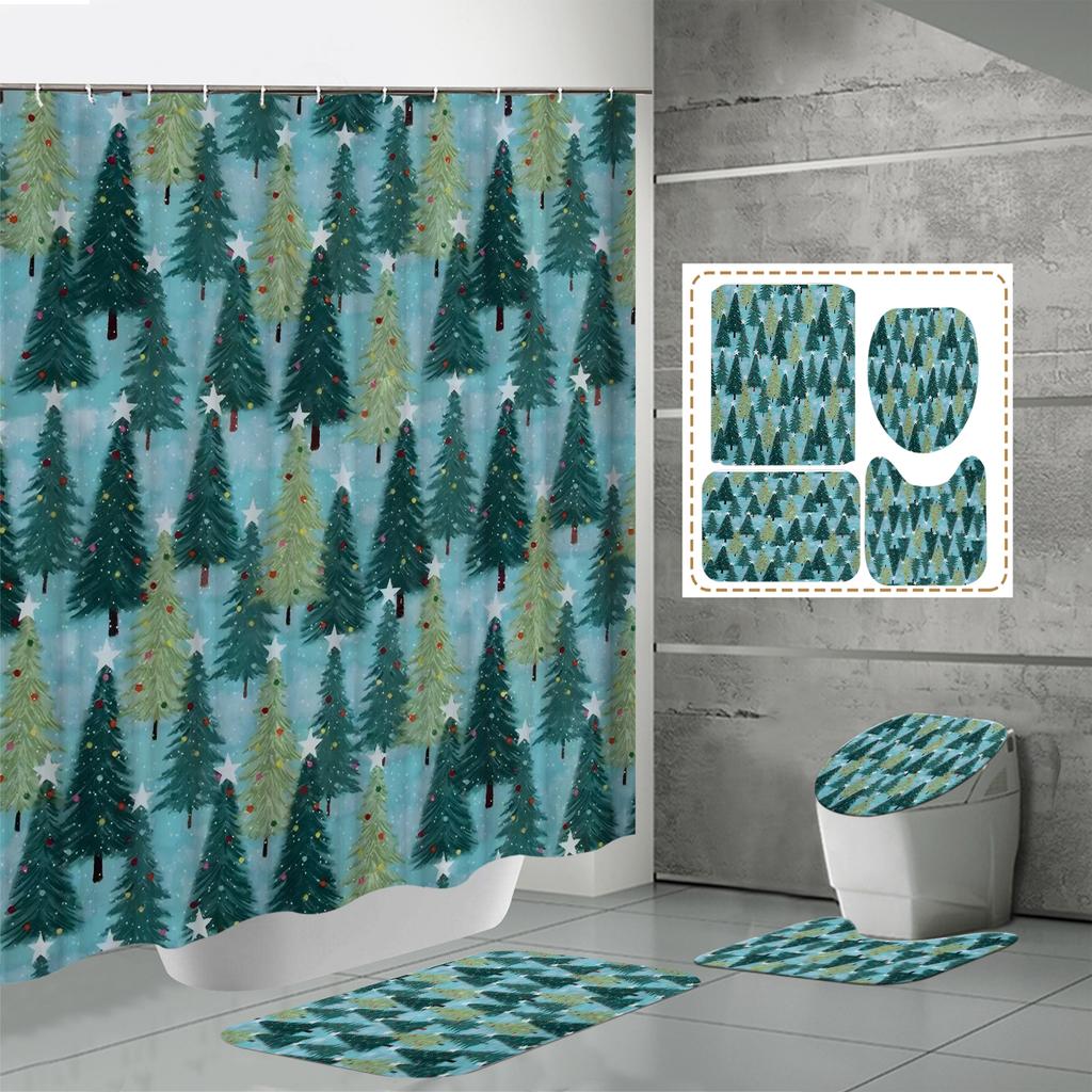 4PCS  Shower Curtain Sets With Shower Curtain And Rugs Toilet Lid Rug U Shape Mat And Bath Mat Bathroom Set  With 12 Hooks